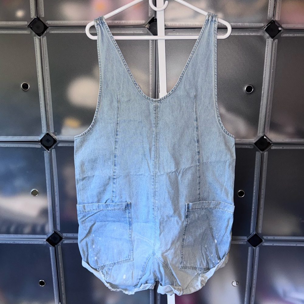 Free People We The Free Shortall Romper in Bright Eyes Blue Denim Size L - Picture 4 of 15